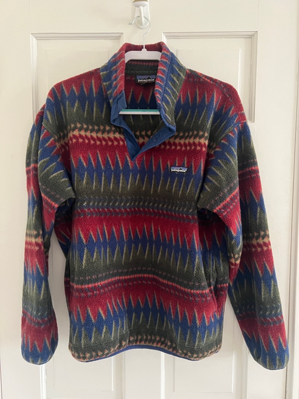 Vintage Patagonia Multicolor Geometric Snap-T Fleece Pullover - Red, Blue, Olive